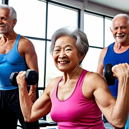 Home 15 **A group of diverse elderly individuals happily lifting weights at a bright, modern gym.** Focus on their determined expressions and healthy physiques, showcasing the benefits of strength training in later life. The setting should suggest a supportive community environment.