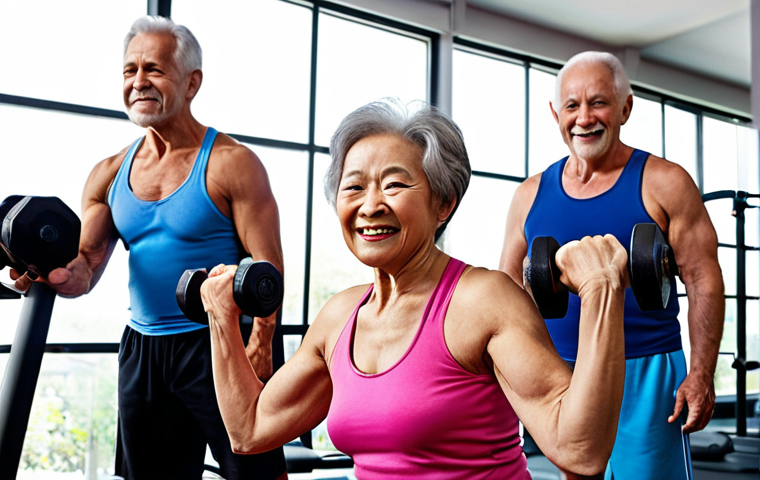 **A group of diverse elderly individuals happily lifting weights at a bright, modern gym.** Focus on their determined expressions and healthy physiques, showcasing the benefits of strength training in later life. The setting should suggest a supportive community environment.
