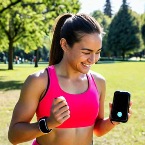 A Woman Using a Fitness App**

Prompt: A woman in athletic wear (fully clothed, modest sports bra and leggings) smiles as she looks at her smartwatch after a run. The app displays data on her heart rate, distance, and pace. She is in a sunny park with trees in the background.  Perfect anatomy, natural proportions, well-formed hands, proper finger count, safe for work, appropriate content, family-friendly, professional photography, high quality.

**