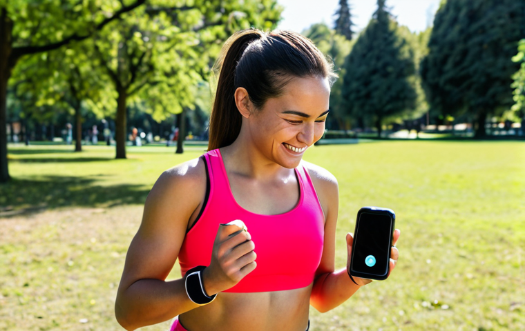 A Woman Using a Fitness App**

Prompt: A woman in athletic wear (fully clothed, modest sports bra and leggings) smiles as she looks at her smartwatch after a run. The app displays data on her heart rate, distance, and pace. She is in a sunny park with trees in the background.  Perfect anatomy, natural proportions, well-formed hands, proper finger count, safe for work, appropriate content, family-friendly, professional photography, high quality.

**