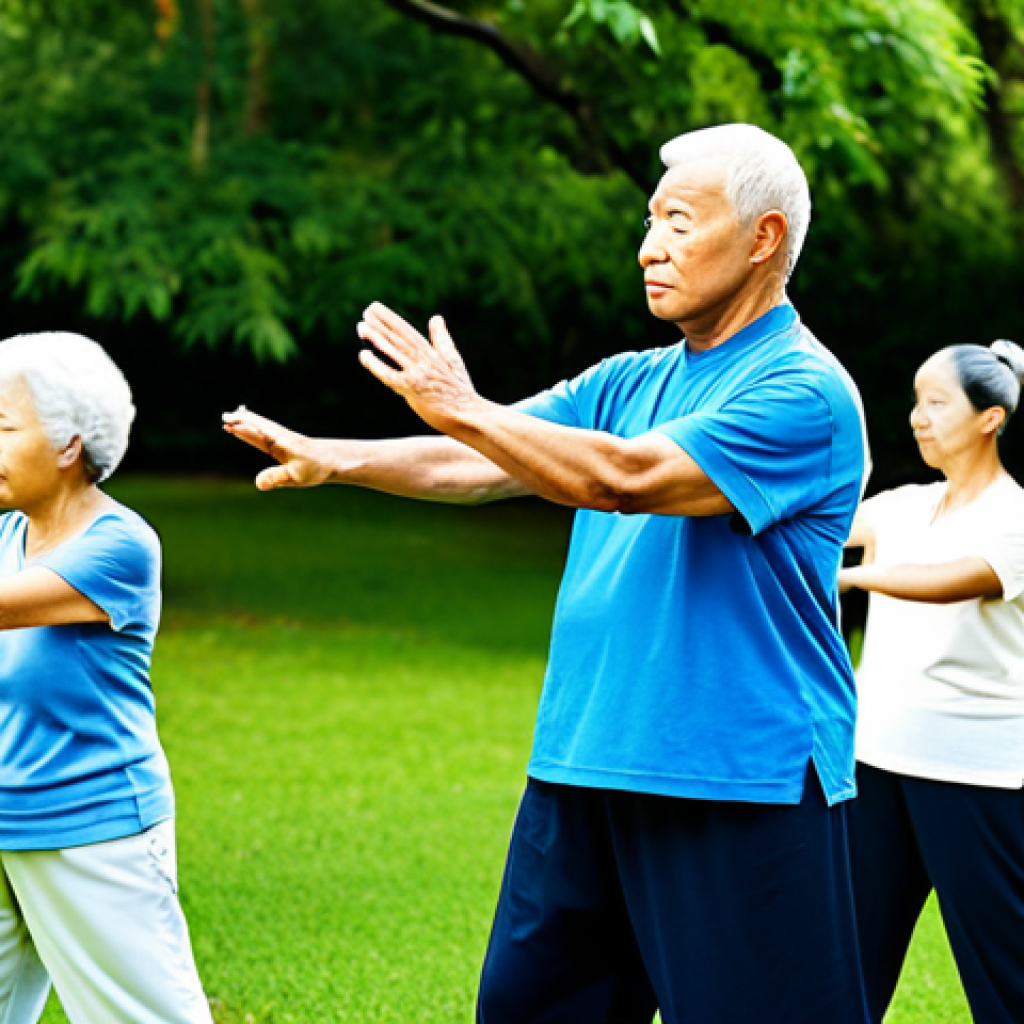 운동과 장수의 관계 - Active Lifestyle**

"A group of diverse senior citizens participating in a tai chi class in a sunny ...