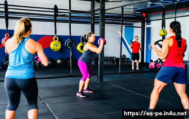 크로스핏 운동 원리 - A diverse group of adults training together in a bright, modern CrossFit gym ("box") with kettlebell...