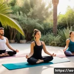 요가와 필라테스 차이점 - A serene outdoor yoga session at sunrise in a lush tropical garden in Spain, featuring a diverse gro...
