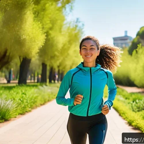 운동과 환경  친환경 스포츠 - A young adult woman jogging along a sunlit green park trail in Barcelona, wearing eco-friendly sport...