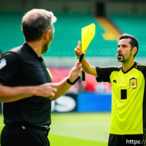 스포츠 심판의 역할과 규정 - A dynamic soccer match scene focusing on a confident referee in modern black and neon yellow uniform...