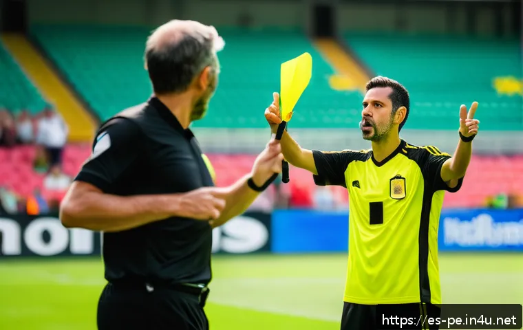 스포츠 심판의 역할과 규정 - A dynamic soccer match scene focusing on a confident referee in modern black and neon yellow uniform...
