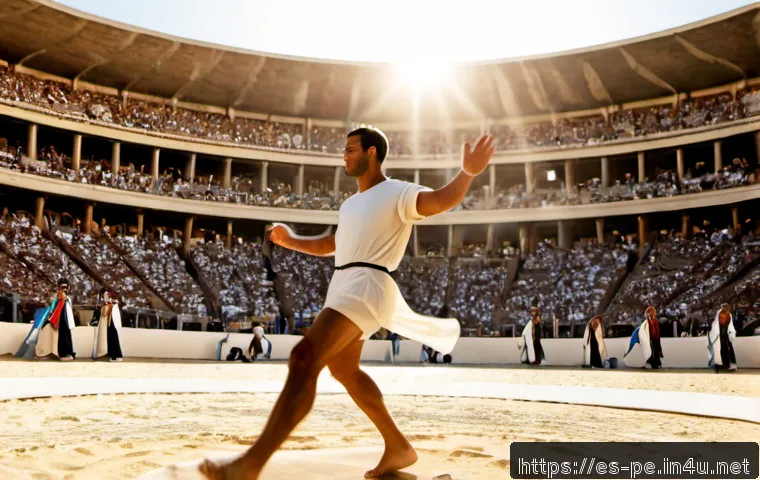 올림픽 스포츠의 역사 - Photorealistic historical Olympic sports scene in ancient Greece, a powerful male discus athlete wea...