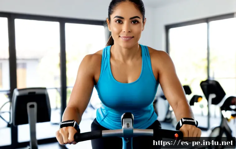 Home 17 유산소 운동과 근력운동 병행법 - Photorealistic fitness studio scene with a Hispanic adult woman in modest athletic clothing transiti...