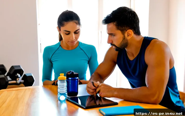 웨이트 트레이닝 프로그램 디자인 - Photorealistic home workout planning scene for a Spanish-speaking audience, fit adult man and woman ...