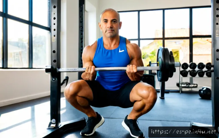 Home 17 웨이트 트레이닝과 호르몬 반응 - Photorealistic Hispanic man in his early 40s performing a controlled barbell squat in a bright moder...